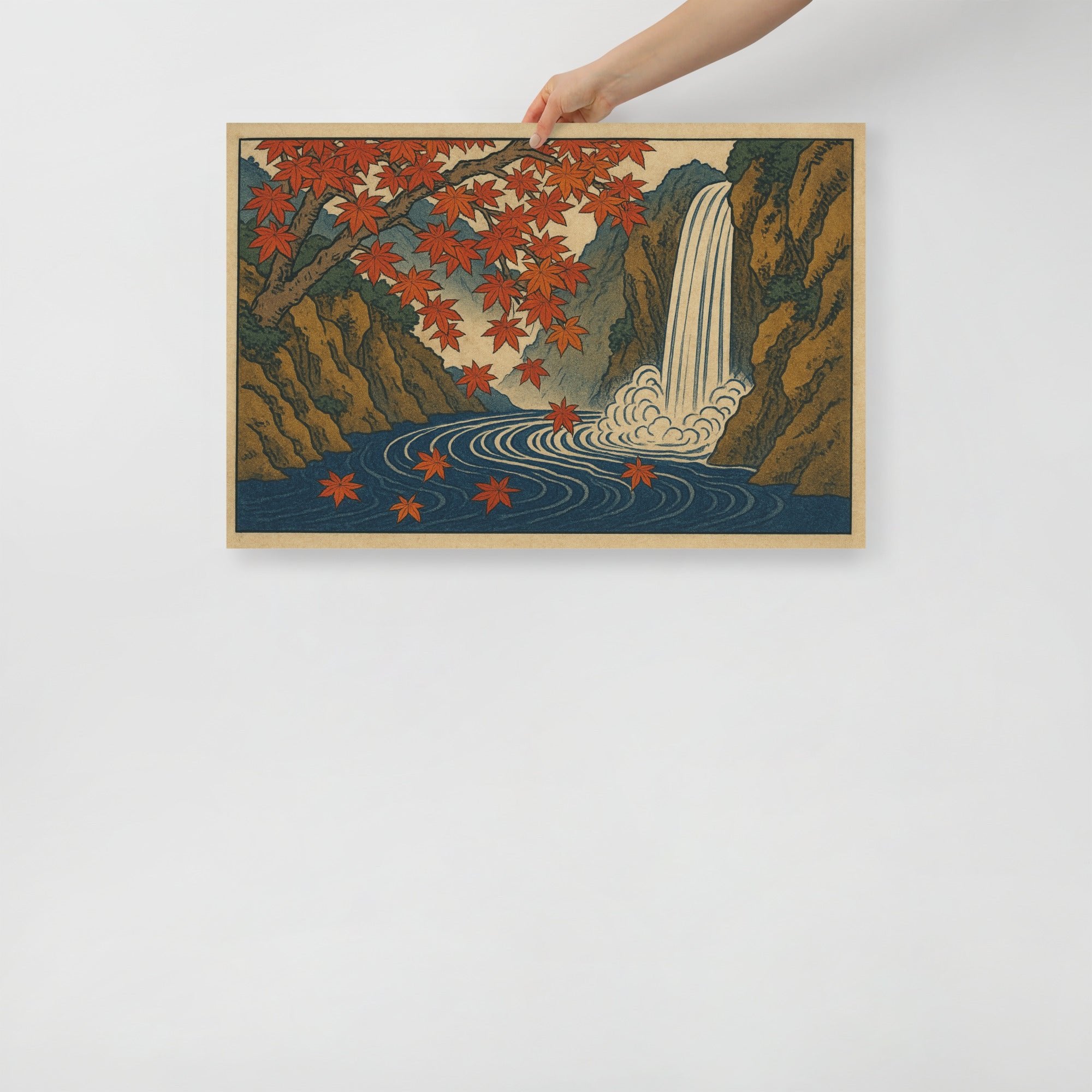 Autumn Waterfall Splendor – Japanese Ukiyo-e Style Woodblock Art