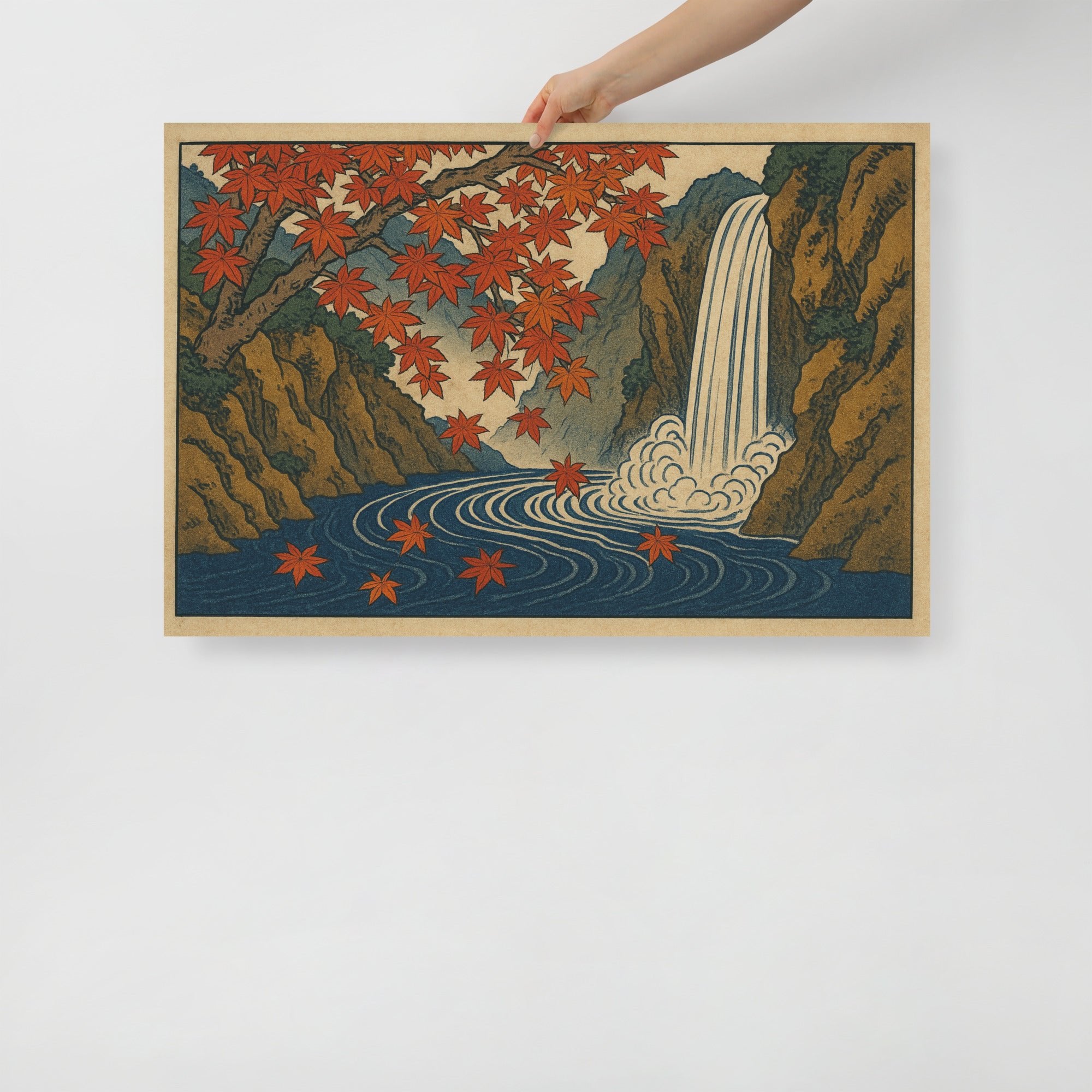 Autumn Waterfall Splendor – Japanese Ukiyo-e Style Woodblock Art